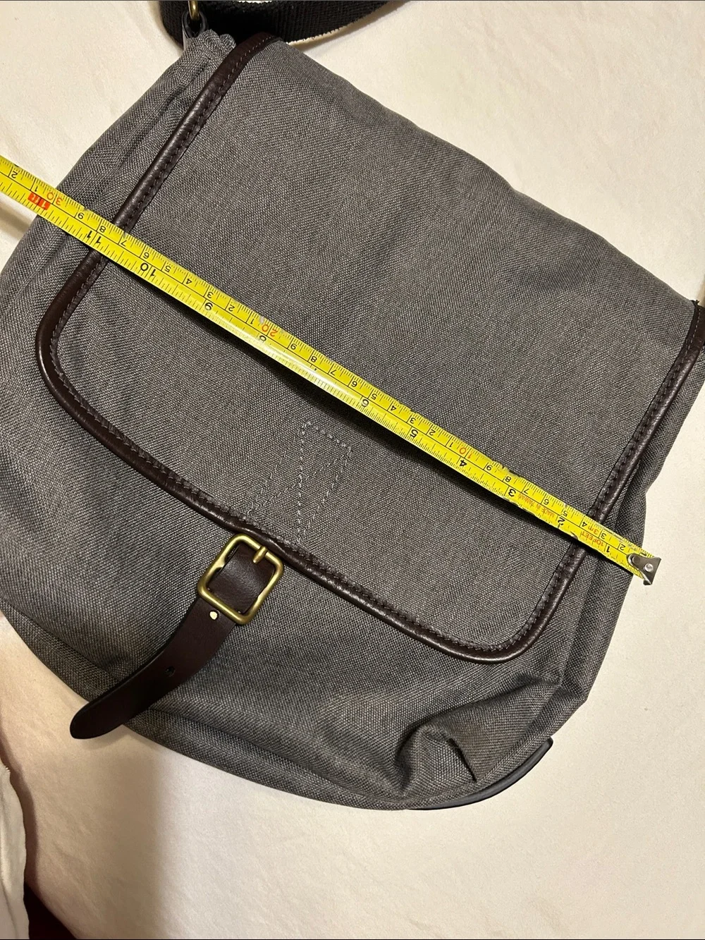 Fossil Gray Canvas Messenger Bag with Brown Trim